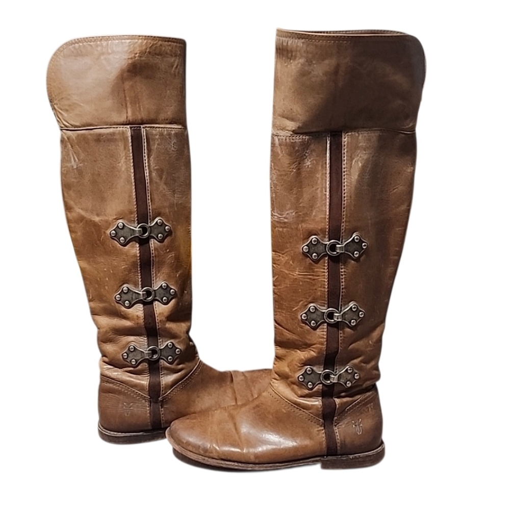 FRYE VINTAGE Chestnut Leather Tall Riding Boots 6.5 Harness Buckle OTK Moto - Picture 3 of 16